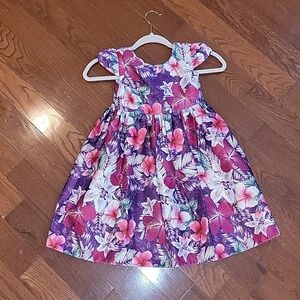 🩷 Pink & Purple Tropical Floral Toddler Flare Holiday Dress, Size 4T